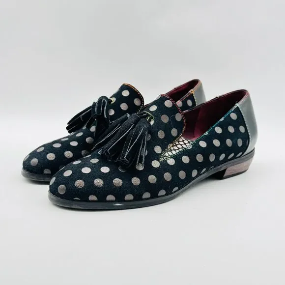 L'Artiste Shoes Womens 38 US 7.5 8 Black Gold Polka Dot Loafers Tassel Heels - Picture 2 of 13